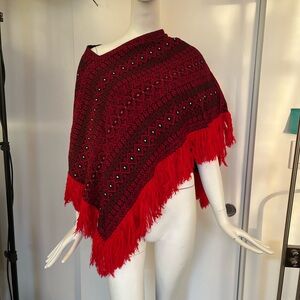 Vintage Knit Poncho with Fringe